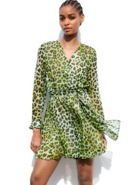 Zara Green Leopard Print Wrap Dress V-Neck Long Sleeve Midi Size M